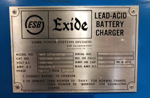 24V Exide Electric Forklift Charger- Data Plate