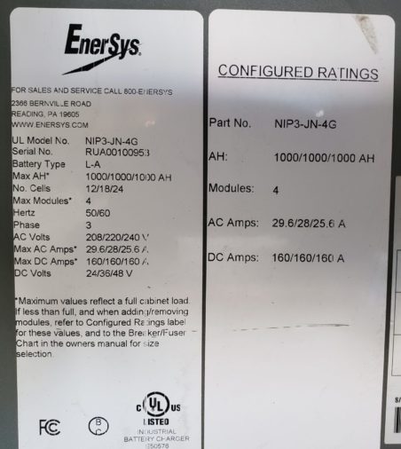 Enersys Nexsy+ Multi-volt Forklift Charger-Data Plate