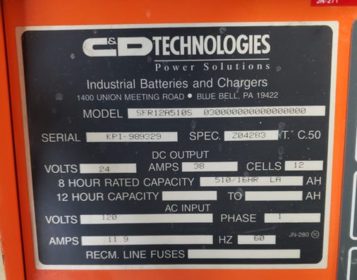 C&D Technology 24V Battery Charger- Data Plate