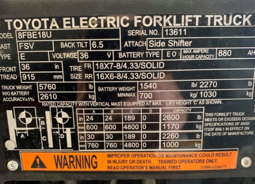 2017 Toyota 8FBE18U - data plate