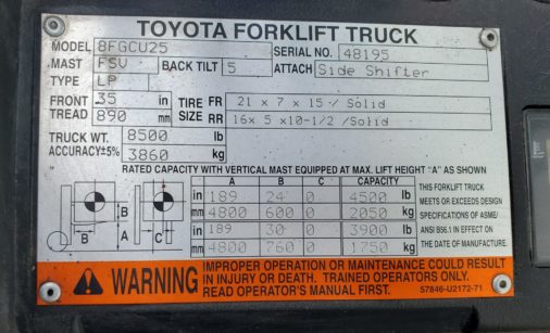 Used Toyota 8FGCU25 Forklift - Data Plate