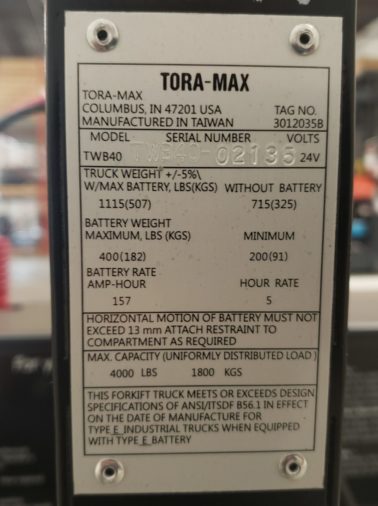 New Toyota Tora-Max 8HBW23 Electric Walkie Pallet Jack - Data Plate
