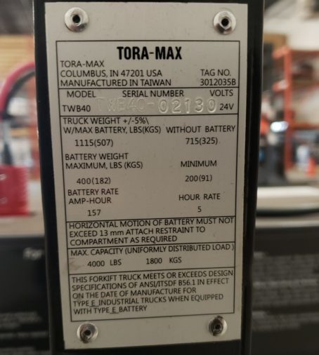 New Toyota Tora-Max Electric Walkie Pallet Jack- Data Plate