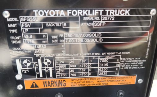 New Toyota 8FG35U Forklift - Data Plate