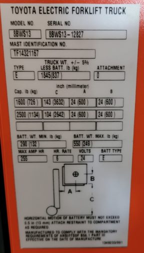 New Toyota Electric 8BWS13 Stacker - Data Plate