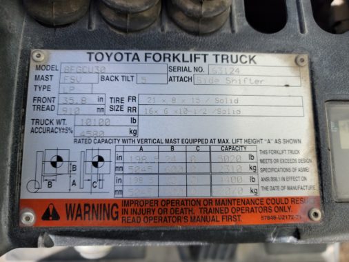 Used Toyota 8FGCU30 Forklift - Data Plate