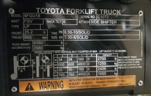 New Toyota Pneumatic Forklift - Data Plate