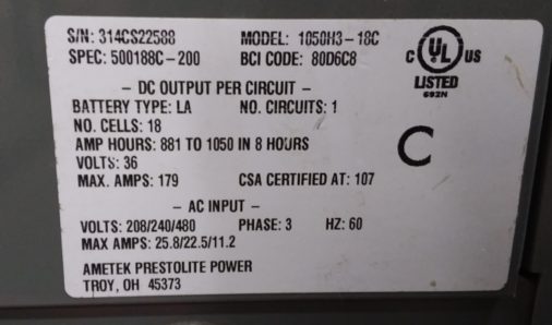 Used 36V Forklift Charger - Data Plate