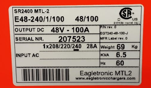 Used Eagletronic 48V Charger - Data Plate