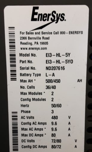 Used Enersys Multivolt Charger - C-07616 - Data Plate