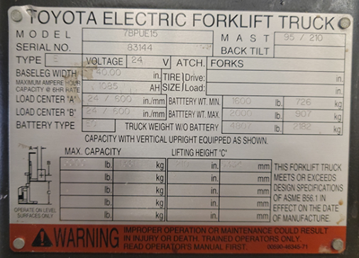 Used Toyota 7BPUE15 Order Picker - Data Plate