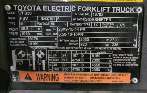 Used Toyota 7FB30 Electric Forklift - Data Plate