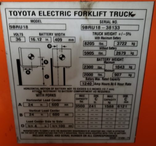 Used Toyota 9BRU18 Reach Truck - Data Plate