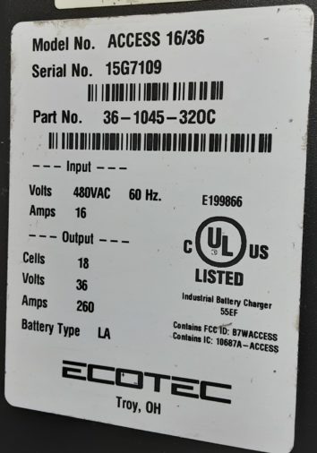 Used 36V Forklift Charger - Data Plate