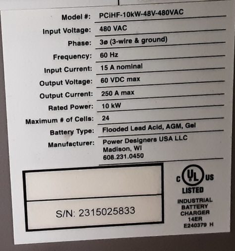 Used 48V Forklift Charger- Data Plate