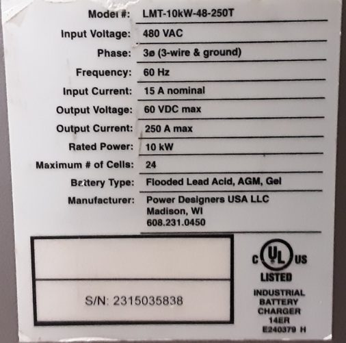 Used 48V Forklift Charger - Data Plate