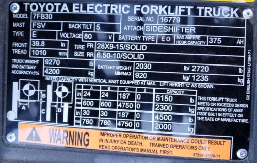 Used Toyota 7FB30 Electric Pneumatic Forklift - Data Plate