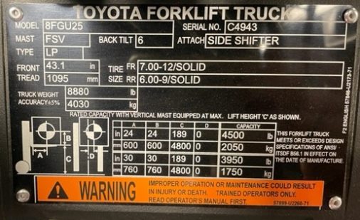 New Toyota Pneumatic Forklift- Data Plate