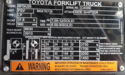New Toyota 8FGU25 Pneumatic Forklift - Data Plate