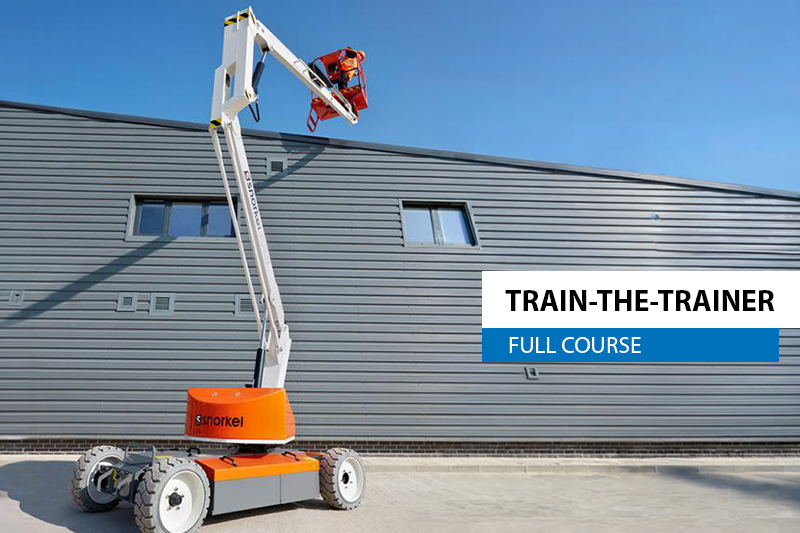This is a photo showing a man in the basket of a boom lift and it's in reference to boom lift training and "train the trainer" safety courses that Western Materials Handling has available in Calgary, Edmonton, Grand Prairie, Medicine Hat, Lethbridge and Red Deer