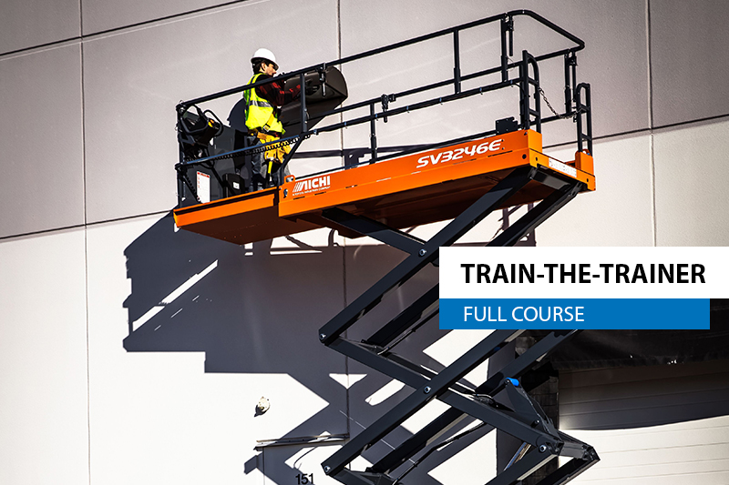 This is a header photo showing a man raised on a Scissor Lift and it's in reference to scissor lift safety training and "train the trainer" courses that Western Materials Handling has available in Calgary, Edmonton, Grand Prairie, Medicine Hat, Lethbridge and Red Deer