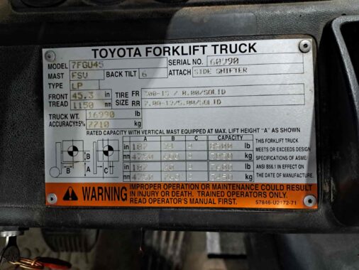 Used 2006 Toyota Forklift 7FGU45 Counterbalance Forklift For Sale Alberta Calgary Western Materials Handling WestMat