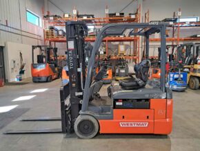 Used 2022 Toyota 8FBE20U Electric 3-Wheel Forklift available through WestMat Western Materials Handling in Alberta, which is a Toyota Forklift Dealer