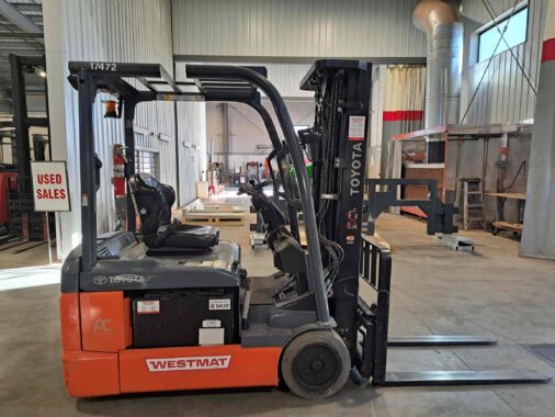 Used 2022 Toyota 8FBE20U Electric 3-Wheel Forklift available through WestMat Western Materials Handling in Alberta, which is a Toyota Forklift Dealer
