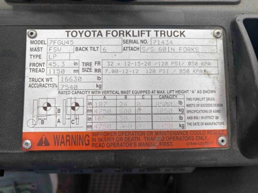 Used 2013 Toyota 7FGU45 Counterbalance Forklift for Sale Alberta Western Materials Handling WestMat